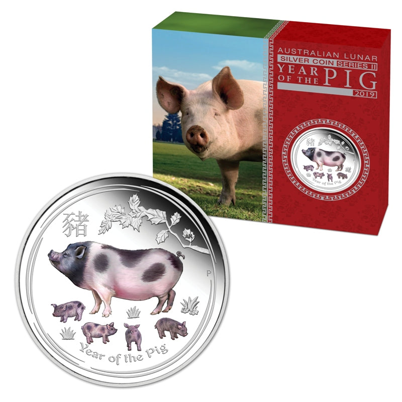 2019 Year of the Pig 1oz Silver Coloured Proof | 2019 Year of the Pig 1oz Silver Coloured Proof REVERSE | 2019 Year of the Pig 1oz Silver Coloured Proof OBVERSE | 2019 Year of the Pig 1oz Silver Coloured Proof CASE