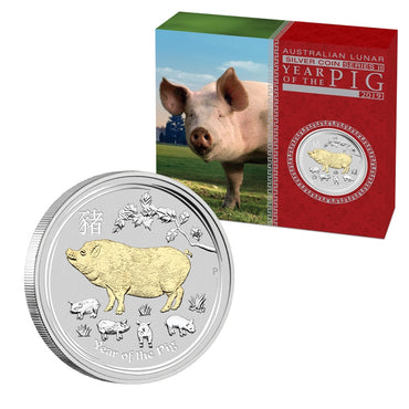 2019 Year of the Pig Gilded 1oz Silver | 2019 Year of the Pig Gilded 1oz Silver CASE | 2019 Year of the Pig Gilded 1oz Silver OBVERSE