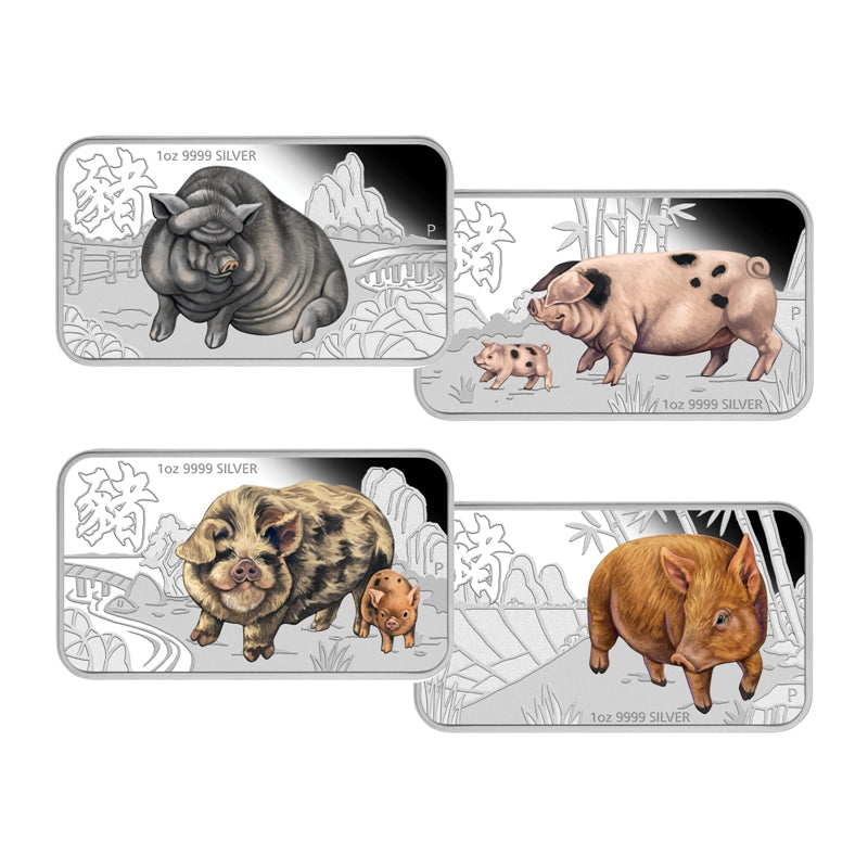 Tuvalu 2019 Lunar Pig Silver Rectangle 4 Coin Set | Tuvalu 2019 Lunar Pig Silver Rectangle 4 Coin Set CASE | Tuvalu 2019 Lunar Pig Silver Rectangle 4 Coin Set OBVERSE