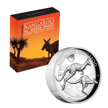 2018 Australian Kangaroo 1oz Silver High Relief Proof | 2018 Australian Kangaroo 1oz Silver High Relief Proof REVERSE | 2018 Australian Kangaroo 1oz Silver High Relief Proof CASE