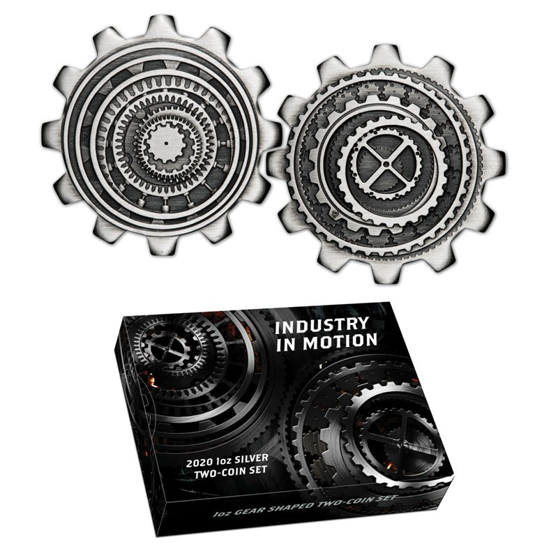 2020 Industry in Motion 1oz Silver Gear-Shaped 2 Coin Set | 2020 Industry in Motion 1oz Silver Gear-Shaped 2 Coin Set | 2020 Industry in Motion 1oz Silver Gear-Shaped 2 Coin Set OBVERSE | 2020 Industry in Motion 1oz Silver Gear-Shaped 2 Coin Set CASE