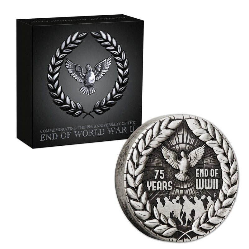 2020 End of WWII 75th Anniversary 2oz Antiqued Silver | 2020 End of WWII 75th Anniversary 2oz Antiqued Silver REVERSE | 2020 End of WWII 75th Anniversary 2oz Antiqued Silver OBVERSE