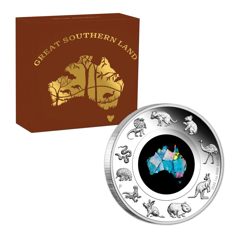 2020 Great Southern Land Opal 1oz Silver Proof | 2020 Great Southern Land Opal 1oz Silver Proof OBVERSE | 2020 Great Southern Land Opal 1oz Silver Proof CASE