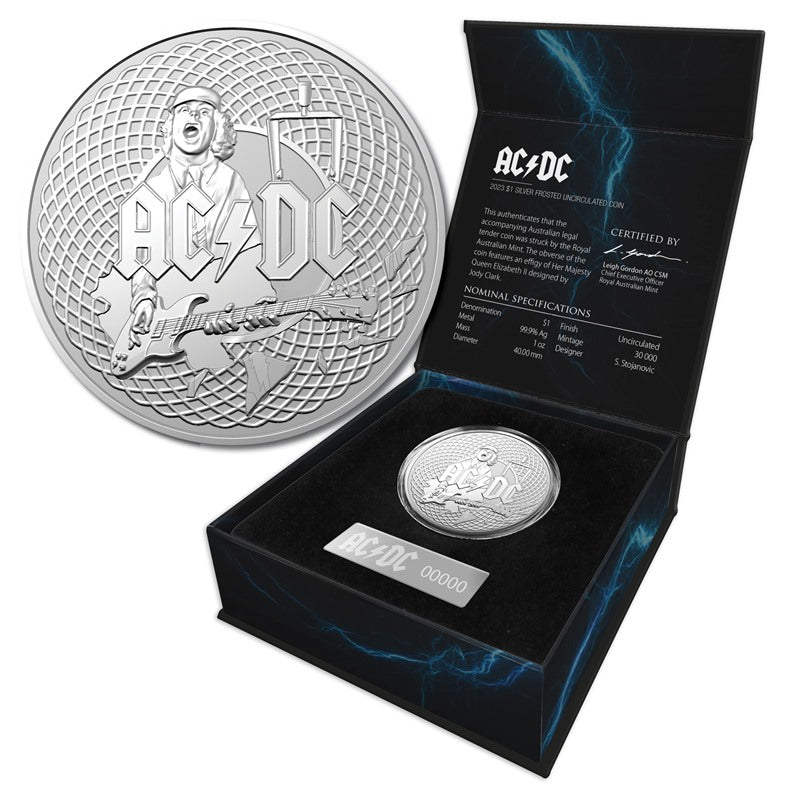 $1 2023 AC/DC Silver Frosted UNC – M.R.Roberts - Wynyard Coin Centre
