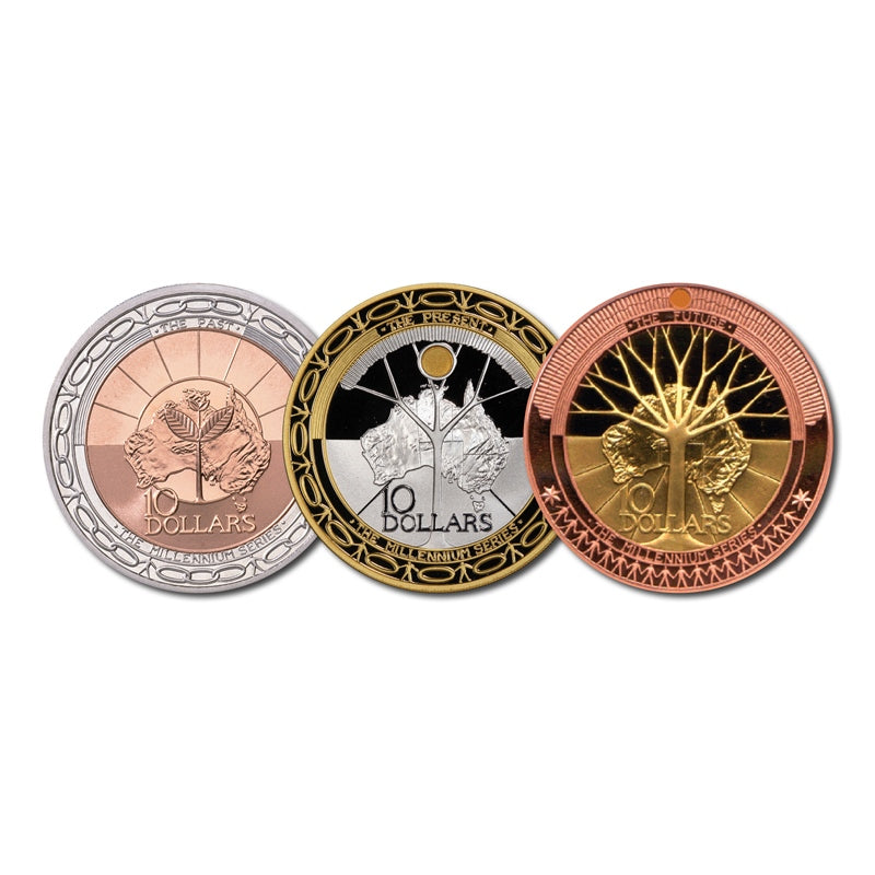 $10 1999-2001 Millennium Bi-Metal Past, Present & Future 3 Coin Set