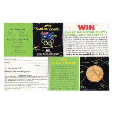 $1 1992 Barcelona Olympics Al/Bronze UNC - Olympic Card with coupon