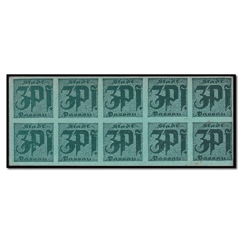 Germany - Passau (Bayern) (1918) 3 Pfennig uncut strip of 10 CFU