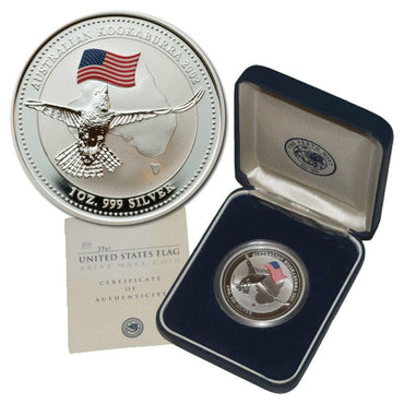 2002 Australia Kookaburra 1oz Silver USA Flag Privy mark
