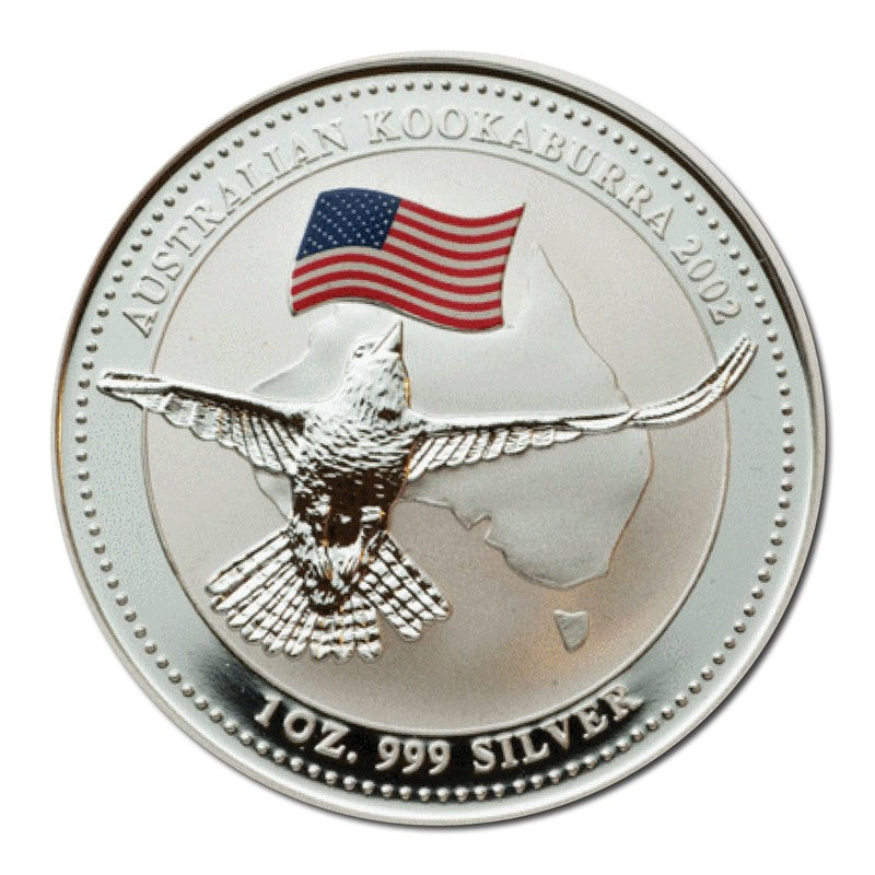 2002 Australia Kookaburra 1oz Silver USA Flag Privy mark