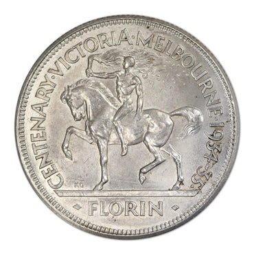 Australia 1934/35 Melbourne Centenary Florin UNC w/- Foy's Bag