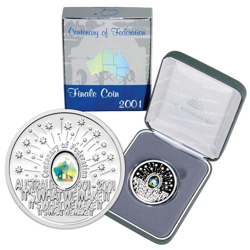 $5 2001 Federation Hologram Finale Silver proof coin and box | $5 2001 Federation Hologram Finale Silver proof reverse