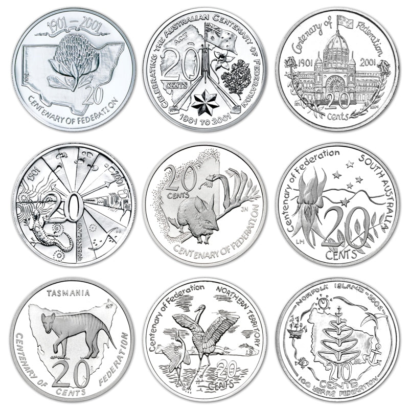Australia 2001 Centenary of Federation 20c Set of 9 Coins