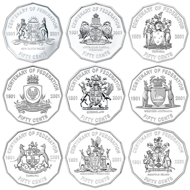 Australia 2001 Centenary of Federation 50c Set of 9 Coins