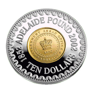 $10 2002 Adelaide Pound 150th Ann. Gold Plated Silver Proof reverse | $10 2002 Adelaide Pound 150th Ann. Gold Plated Silver Proof obverse