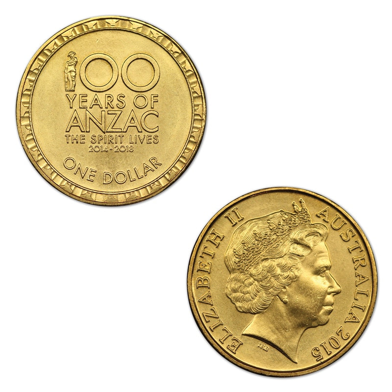 $1 2015 100 Years of ANZAC Al/Bronze UNC | $1 2015 100 Years of ANZAC Al/Bronze UNC reverse | $1 2015 100 Years of ANZAC Al/Bronze UNC obverse