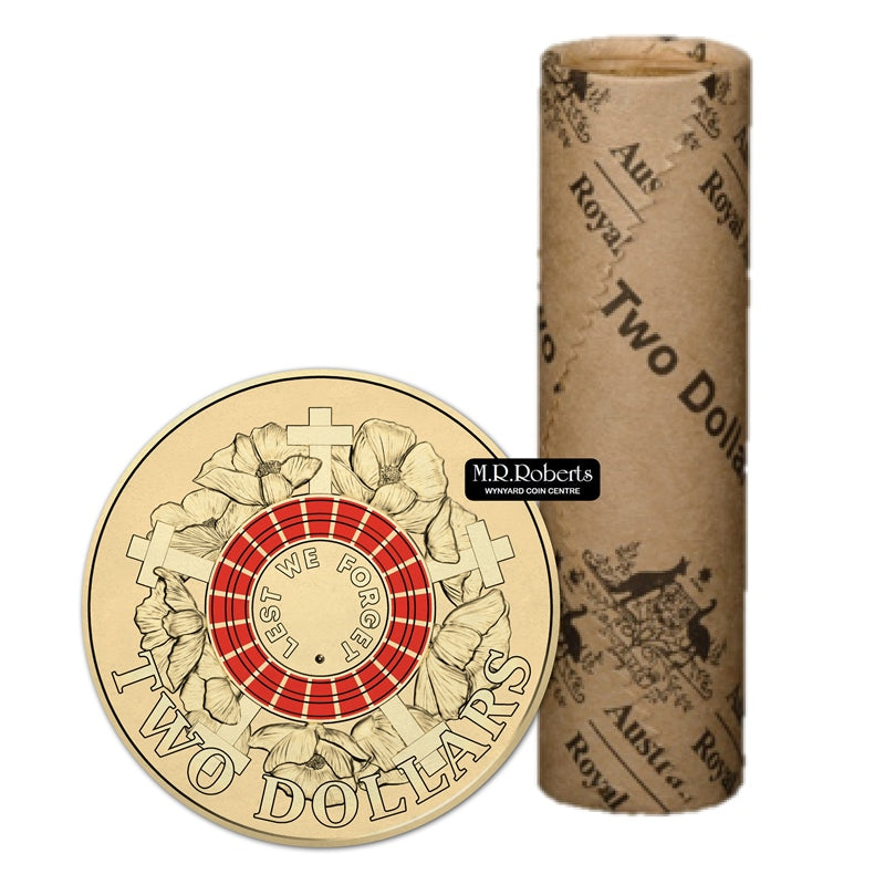 $2 2015 Lest We Forget ANZAC Red Coloured Coin Roll | $2 2015 Lest We Forget ANZAC Red Coloured Coin Reverse | $2 2015 Lest We Forget ANZAC Red Coloured Coin Obverse