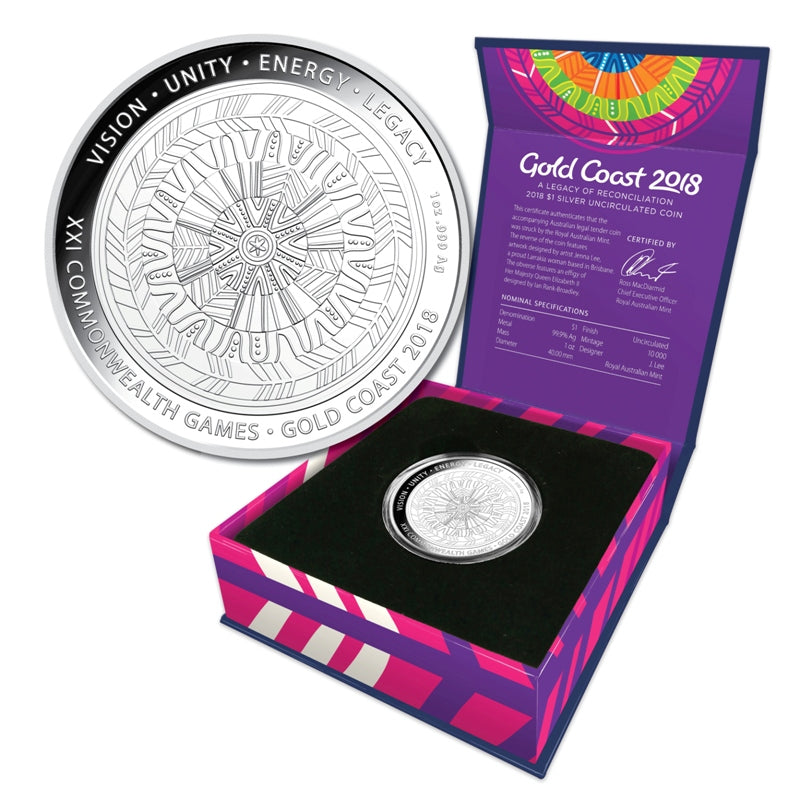 $1 2018 Commonwealth Games Legacy of Reconciliation 1oz Silver Proof | $1 2018 Commonwealth Games Legacy of Reconciliation 1oz Silver Proof REVERSE | $1 2018 Commonwealth Games Legacy of Reconciliation 1oz Silver Proof Obverse