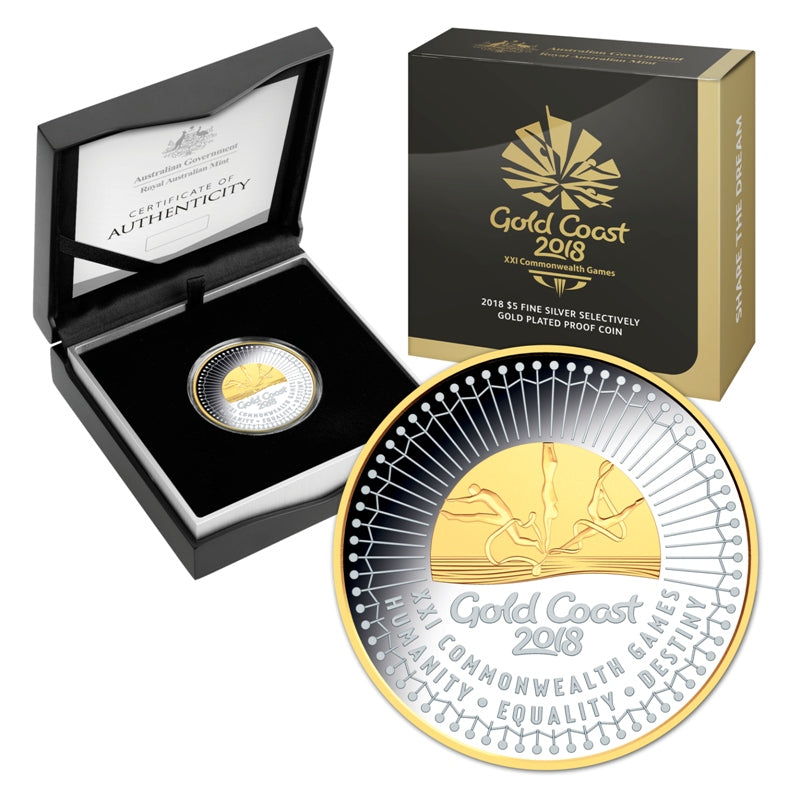 $5 2018 Commonwealth Games Gold Plated Silver Proof | $5 2018 Commonwealth Games Gold Plated Silver Proof Reverse | $5 2018 Commonwealth Games Gold Plated Silver Proof Obverse
