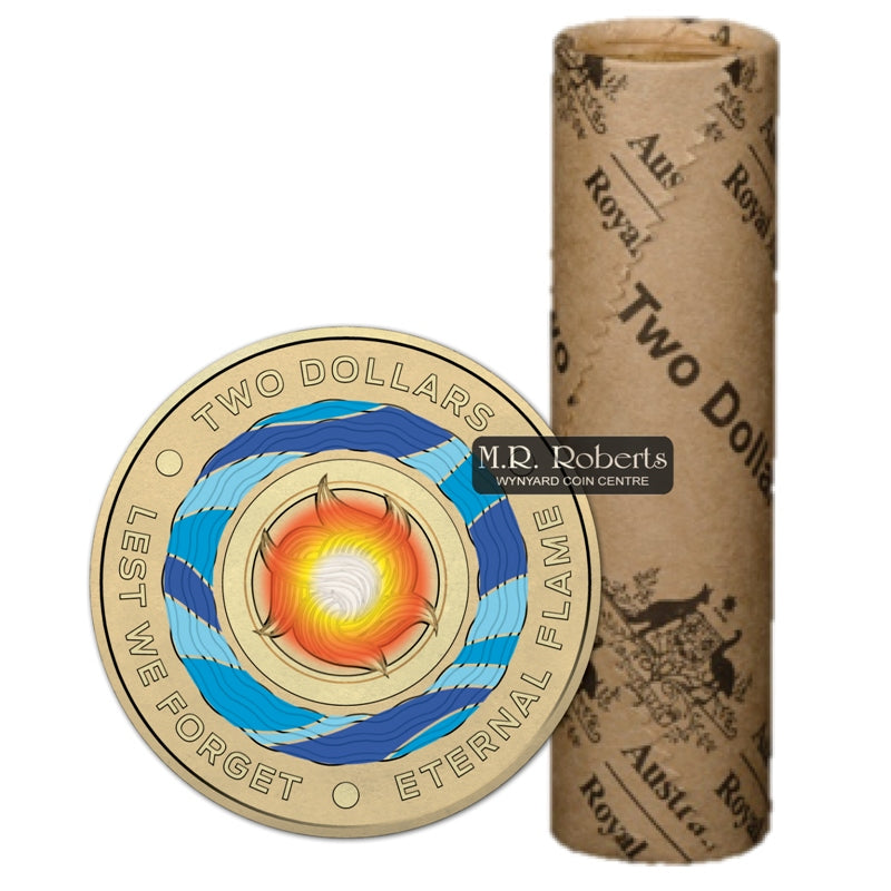 $2 2018 Lest We Forget Coloured Coin MINT ROLL | $2 2018 Lest We Forget Coloured Coin MINT ROLL REVERSE | $2 2018 Lest We Forget Coloured Coin MINT ROLL OBVERSE