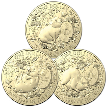 $1 2019 Year of the Pig Al/Bronze 3 Coin Set