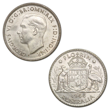 Australia 1944 S Florin Lustrous UNC | Australia 1944 S Florin Lustrous UNC REVERSE | Australia 1944 S Florin Lustrous UNC OBVERSE