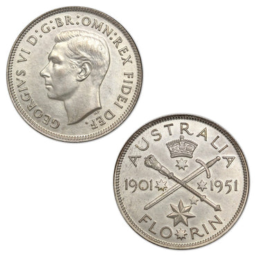 Australia 1951 Jubilee Florin Lustrous UNC | Australia 1951 Jubilee Florin Lustrous UNC REVERSE | Australia 1951 Jubilee Florin Lustrous UNC OBVERSE