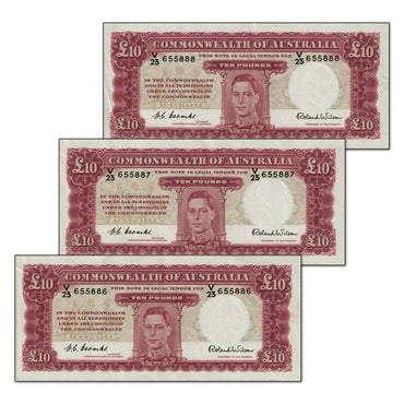 (1952) Ten Pounds Coombs/Wilson Consecutive Trio EF-nUNC