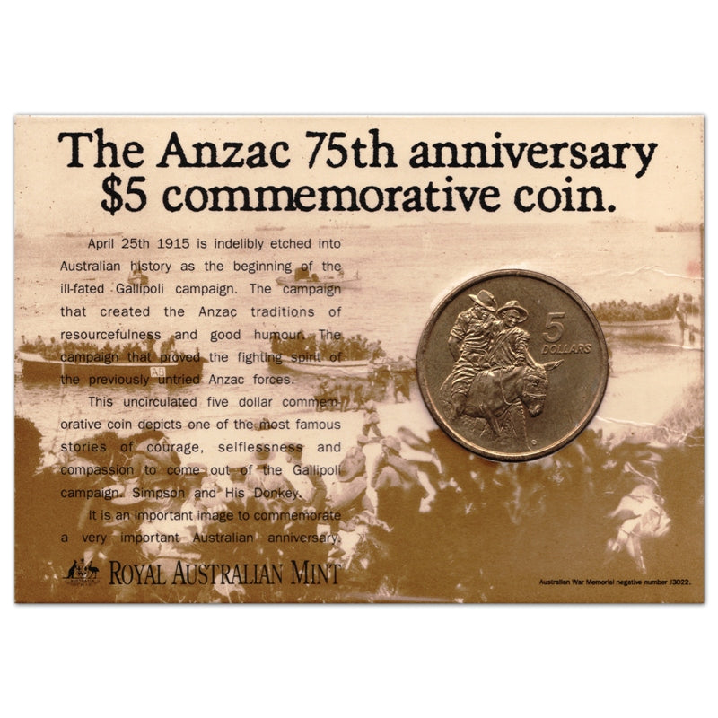 $5 1990 ANZAC 75th Anniversary Al/Bronze UNC