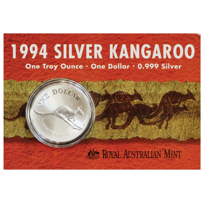 $1 1994 Kangaroo 1oz 99.9% Silver UNC on card | $1 1994 Kangaroo 1oz 99.9% Silver UNC reverse