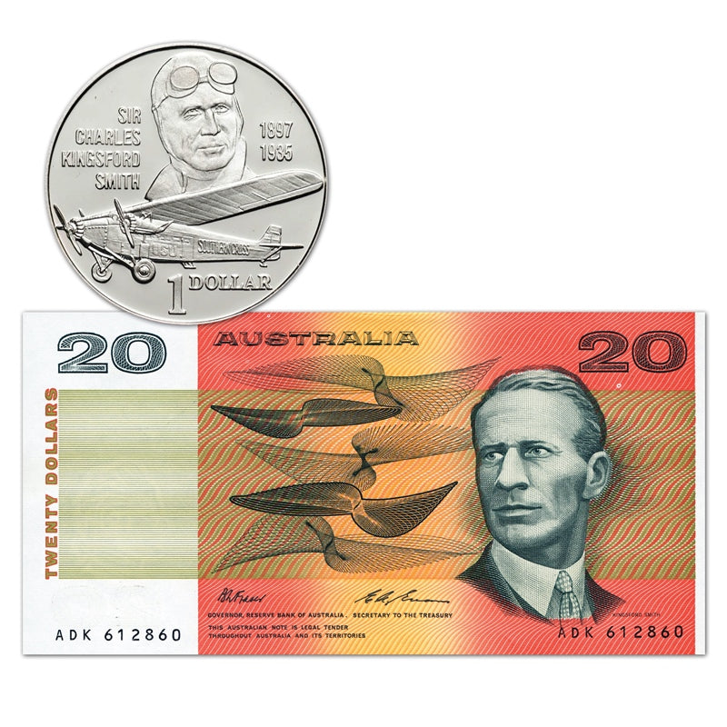 1997 Charles Kingsford Smith Centenary Portfolio $1 Silver & $20 Banknote