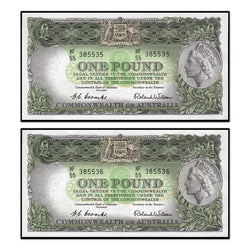 (1953) One Pound Coombs/Wilson R.33 Consec. Pair CFU obverse | (1953) One Pound Coombs/Wilson R.33 Consec. Pair CFU reverse