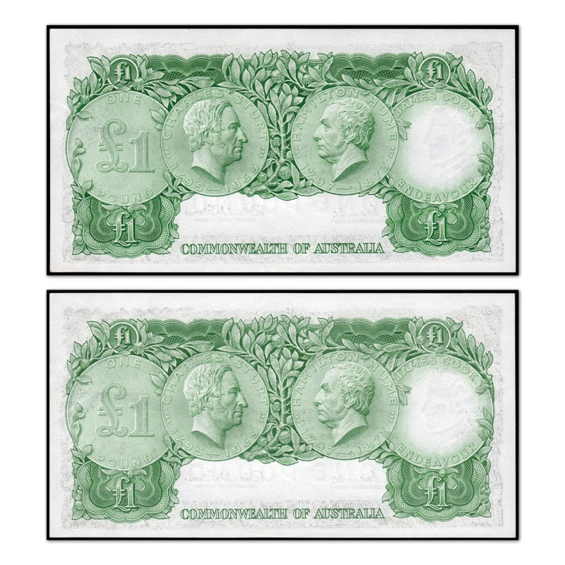 (1961) One Pound Coombs/Wilson Emerald Green R.34b CFU - Consecutive Pair