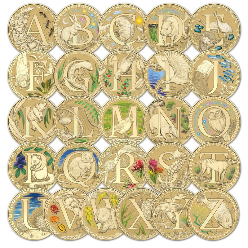 $1 2015 Coloured Alphabet Set Al-Bronze Coin - 26 Coin Set UNC