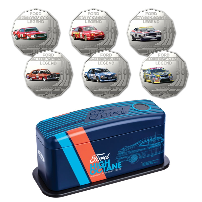 50c 2018 Ford High Octane 6 Coin Collection with Tin | Ford Mustang Boss 302 | Ford XY Falcon GT-HO | Ford XC Falcon Hardtop | Ford XD Falcon Tru-Blue | Ford Sierra RS500 Cosworth | Ford BA Falcon
