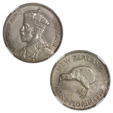 New Zealand 1936 Florin Lustrous UNC | New Zealand 1936 Florin Lustrous UNC obverse | New Zealand 1936 Florin Lustrous UNC reverse