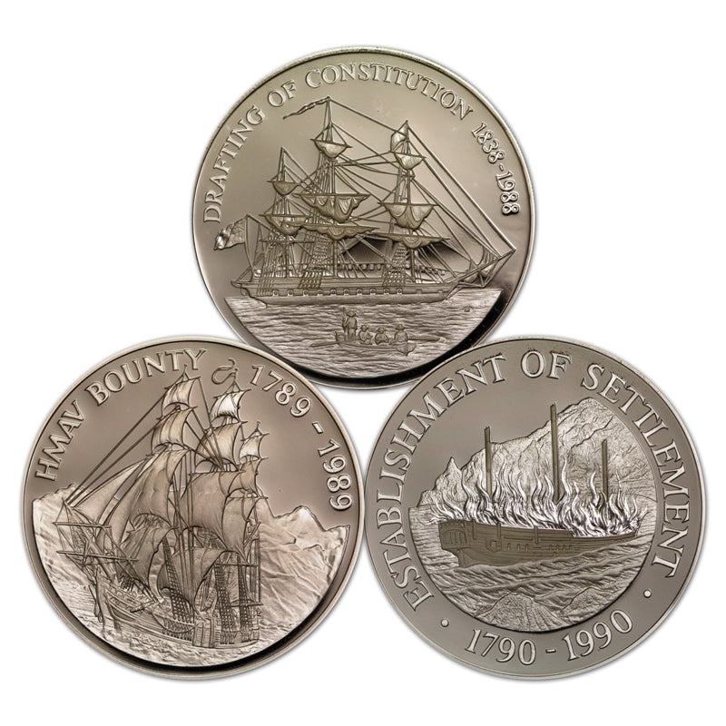 Pitcairn Islands 1988-1990 $50 3 Coin Silver Set