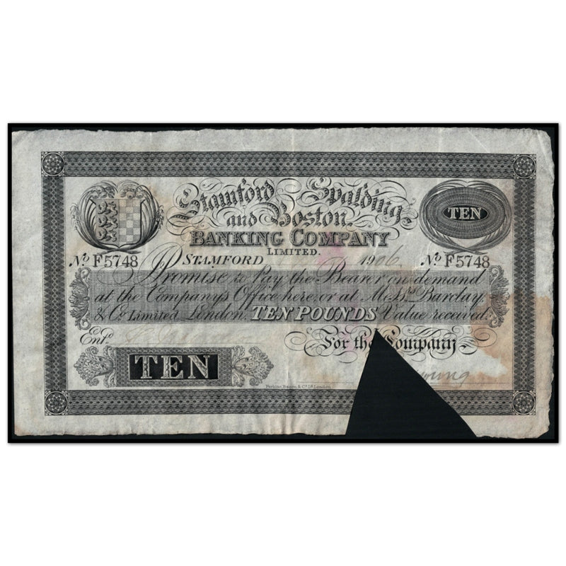 England 1905-1906 Stamford, Spalding & Boston banking Company 10 Pound VF-VF+