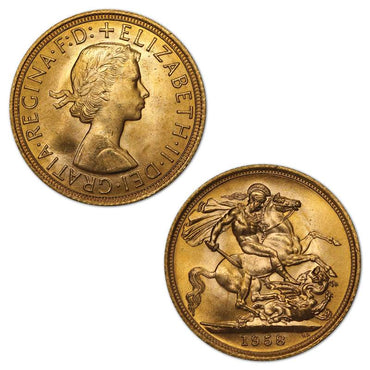 Great Britain 1958 Gold Sovereign Lustrous UNC | Great Britain 1958 Gold Sovereign Lustrous UNC OBVERSE | Great Britain 1958 Gold Sovereign Lustrous UNC REVERSE